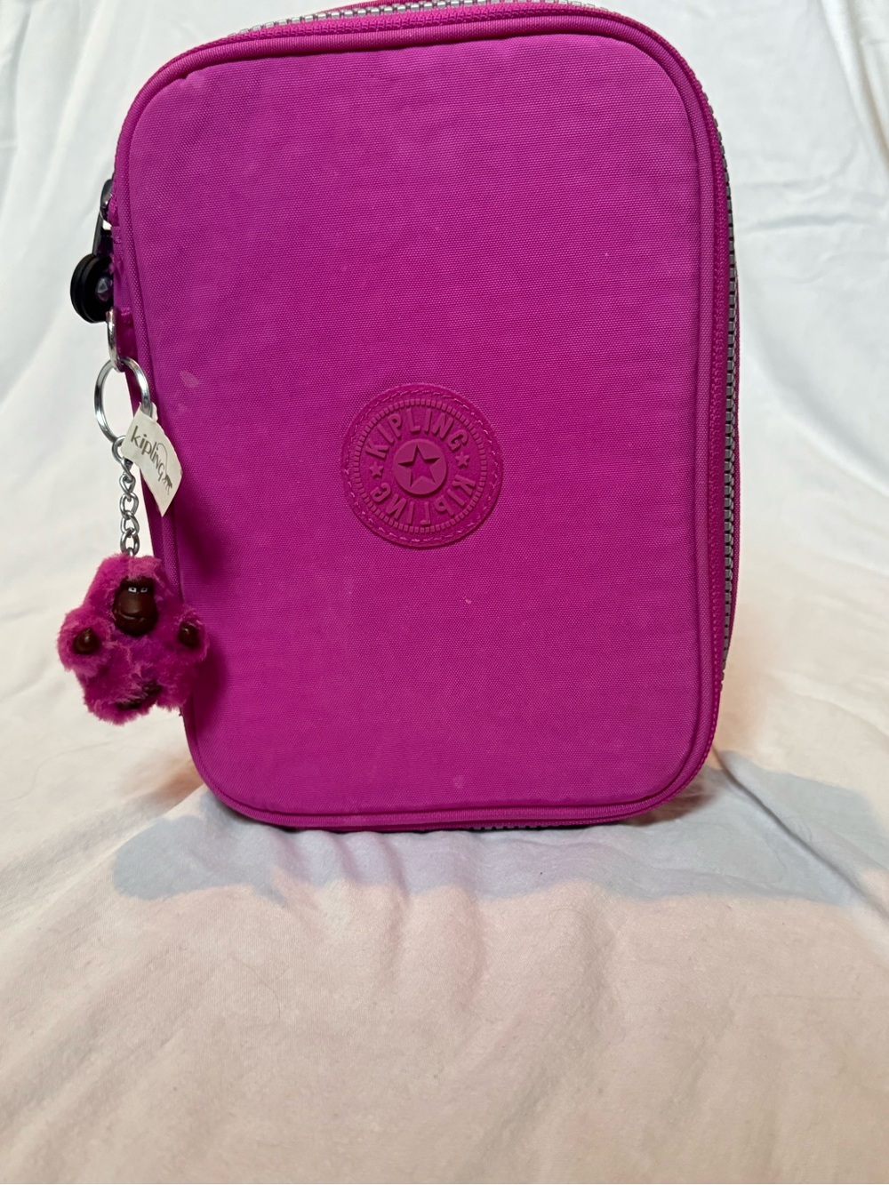 Kipling 100 Pens Case Pink | Pencil Case Makeup Organizer w/ Monkey
